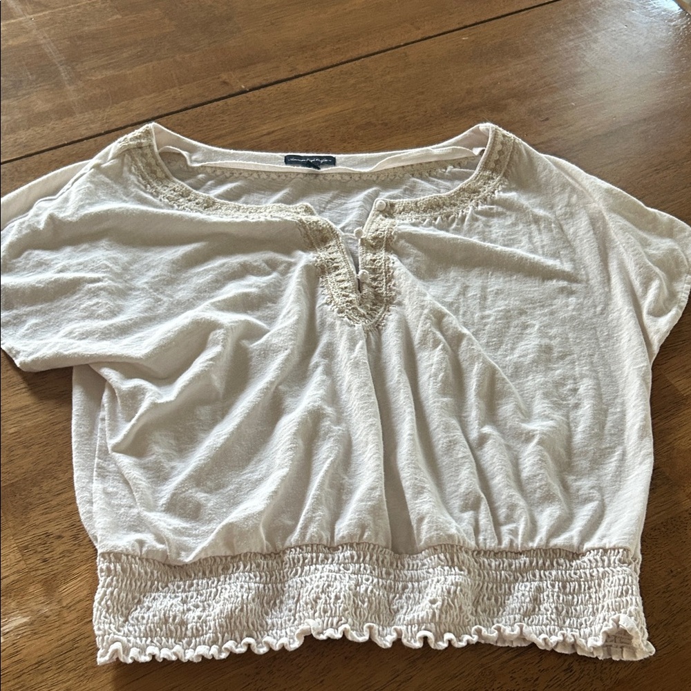 American Eagle Outfitters Cream Smocked-Hem Crochet Trim Crop Top